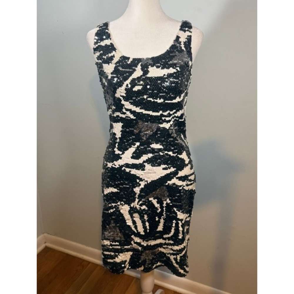 Vintage Blacktie Oleg Cassini Sequin Cocktail Dress Black White Abstract Sz 6